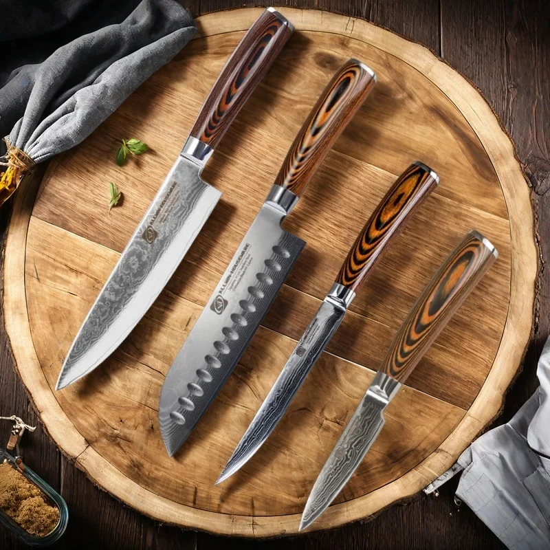 Damascus Steel Kitchen Knives 67 Layer Chef Knife Japanese Santoku Damascus 8 Inch Chef Knife  Knives Set Utility Paring Knife