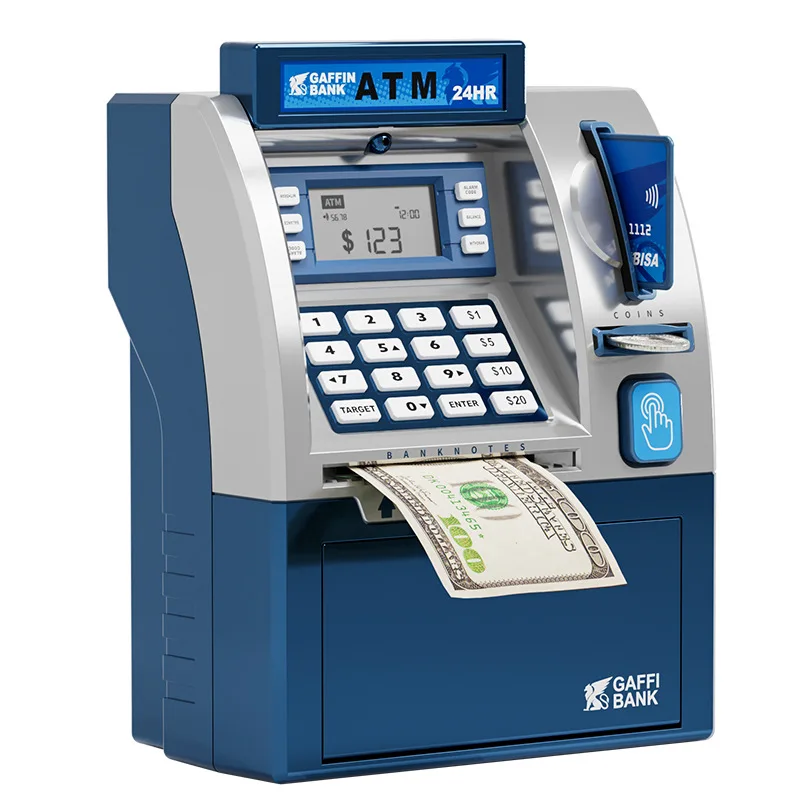 Maison de jeu, jouets d'épargne, machines ATM, balayage de cartes intelligentes, comptage de pièces de monnaie, grande coffre-fort, mot de passe et stockage d'argent