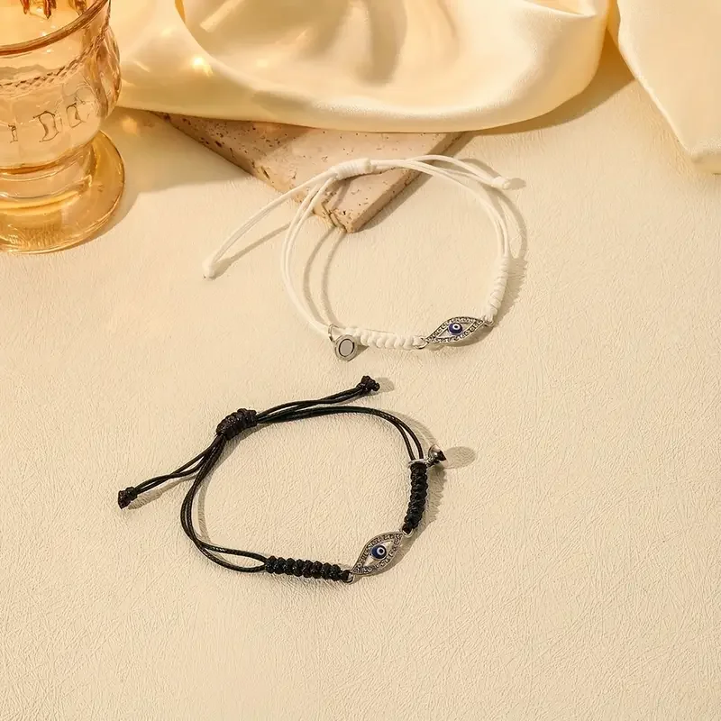 

2 Pcs A Pair Elegant Couple Black And White Hand-woven Bracelet Fashion Demon Eye Alloy Jewelry Convenient Adjustable Bangle