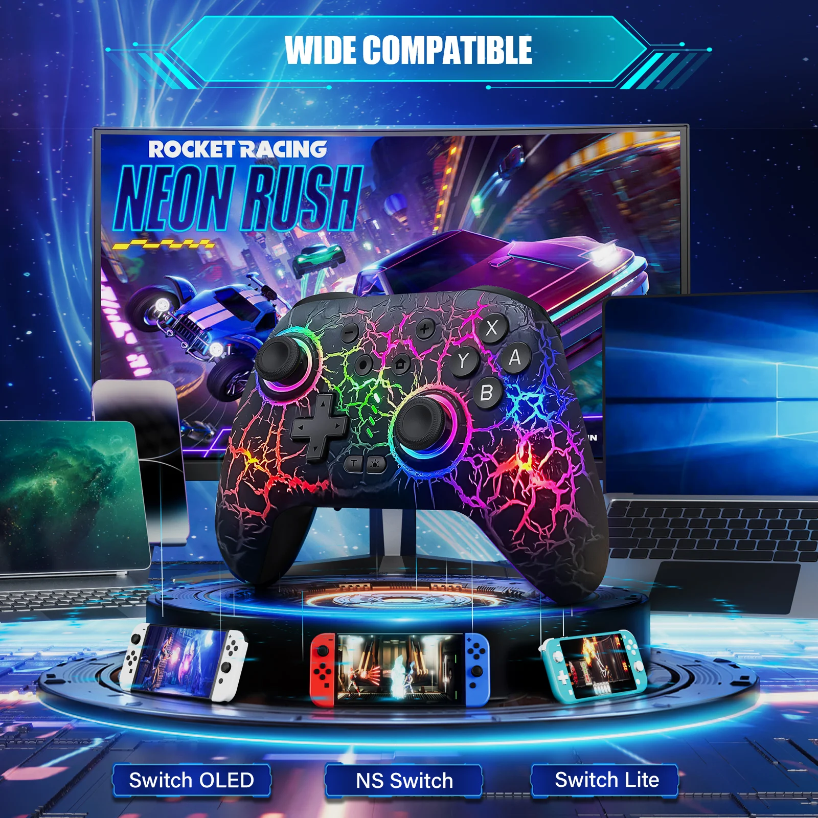 ZRZLMVP Switch وحدة تحكم لاسلكية احترافية للتحكم في الألعاب للتبديل/الكمبيوتر/الويندوز/IOS مع 10 RBG LED، عصا تحكم بوظيفة توربو