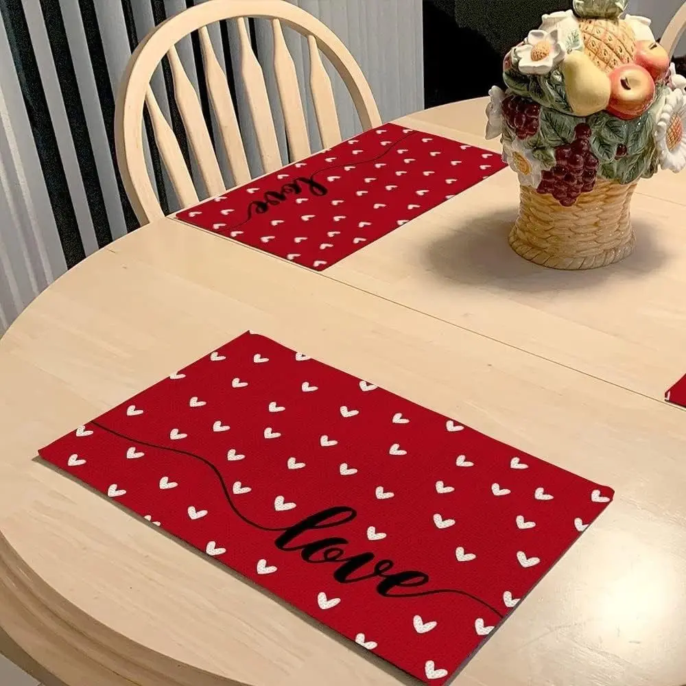 

4Pcs 30x45cm Valentine's Day Placemats Heat-resistant Linen Red Love Hearts Table Mats Non-Slip Retro Dining Table Mat Easter