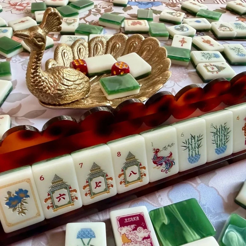 36mm High-End Emerald Green Marble Pattern Acrylic Mahjong Set 160 Luxury Majiang Tiles with 3 Dice 4 Rule Cards for Family Fun