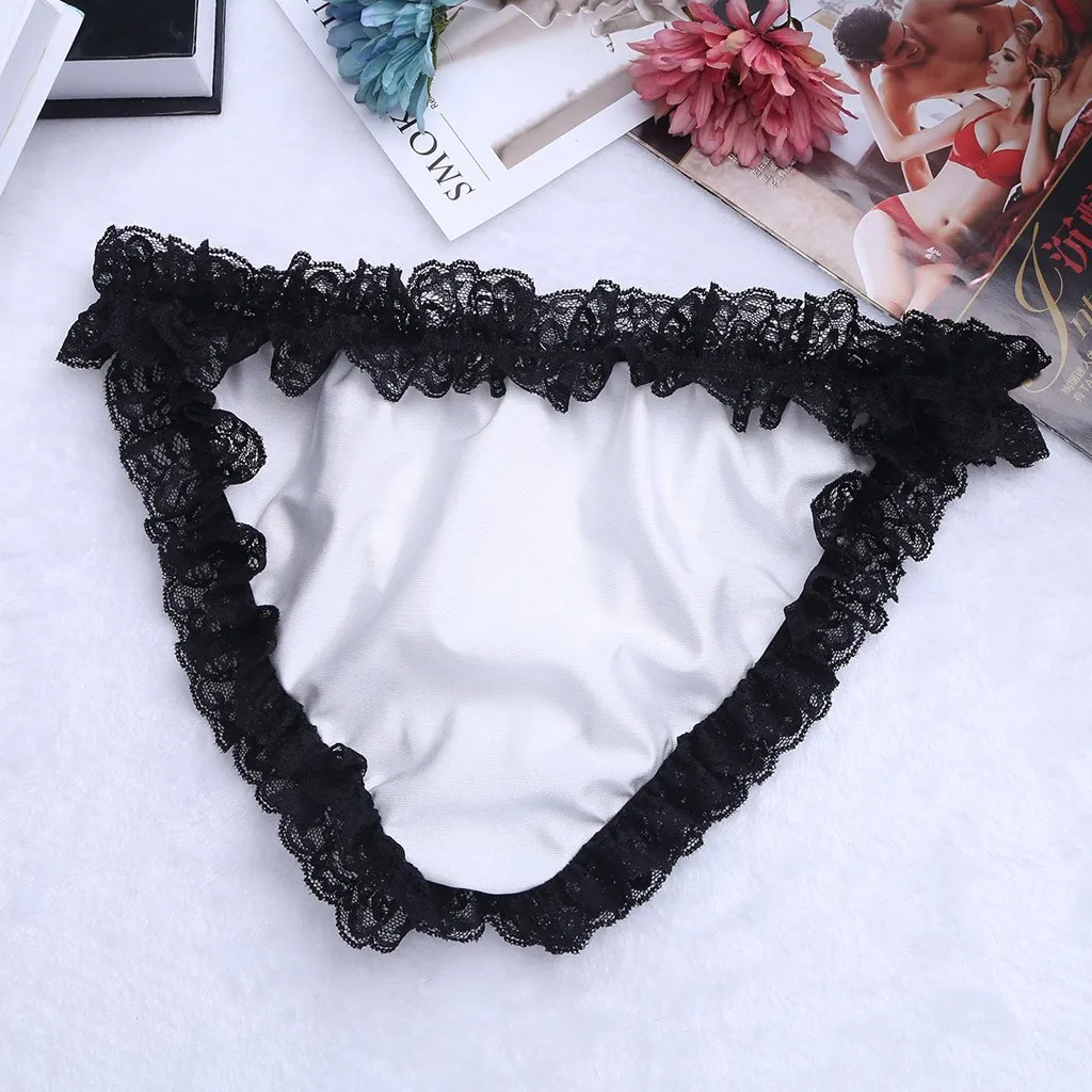 New Sissy Mens Solid Underwear Lace Brim Briefs Pouch Lingerie Bikini Bottom Soft Underpants Male Erotic Panties Gays Clothes