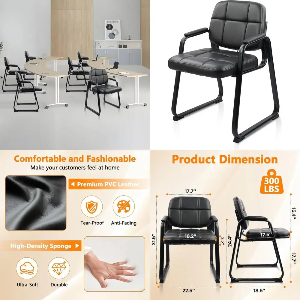 

Leather Padded Arm Guest Chair, Sled Base, No Wheels, Ideal for Office Reception and Conference Rooms, Black