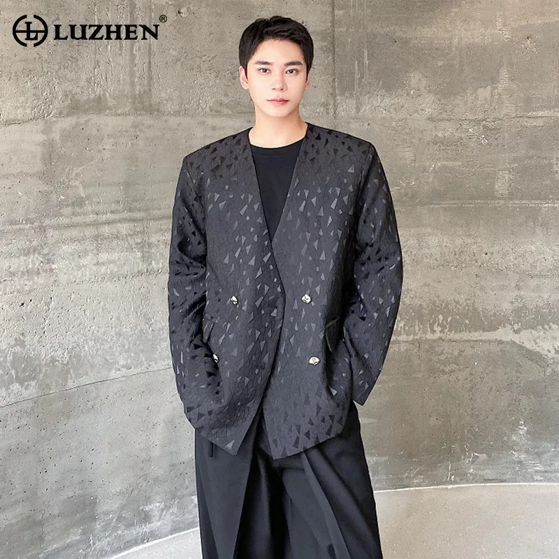 LUZHEN Reflect Light Pattern Double Breasted V Neck Blazer Shirts Men's 2025 New Elegant Korean Handsome Male Casual Coat JY4623