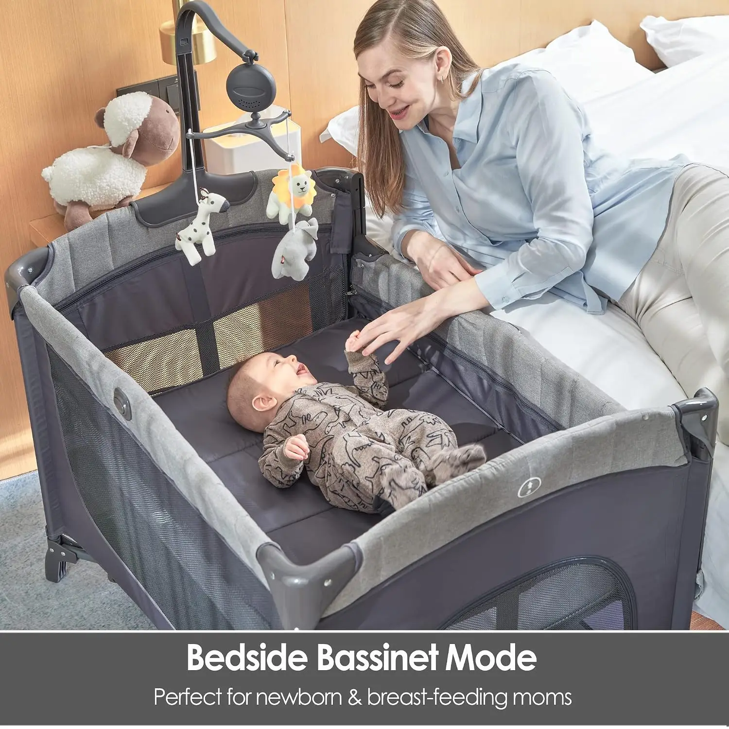 QUTANIX Baby Bedside Bassinet Sleeper,5-in-1 Pack and Play with Full-Size Bassinet,Baby Playard with Changing Table,Storage Shel