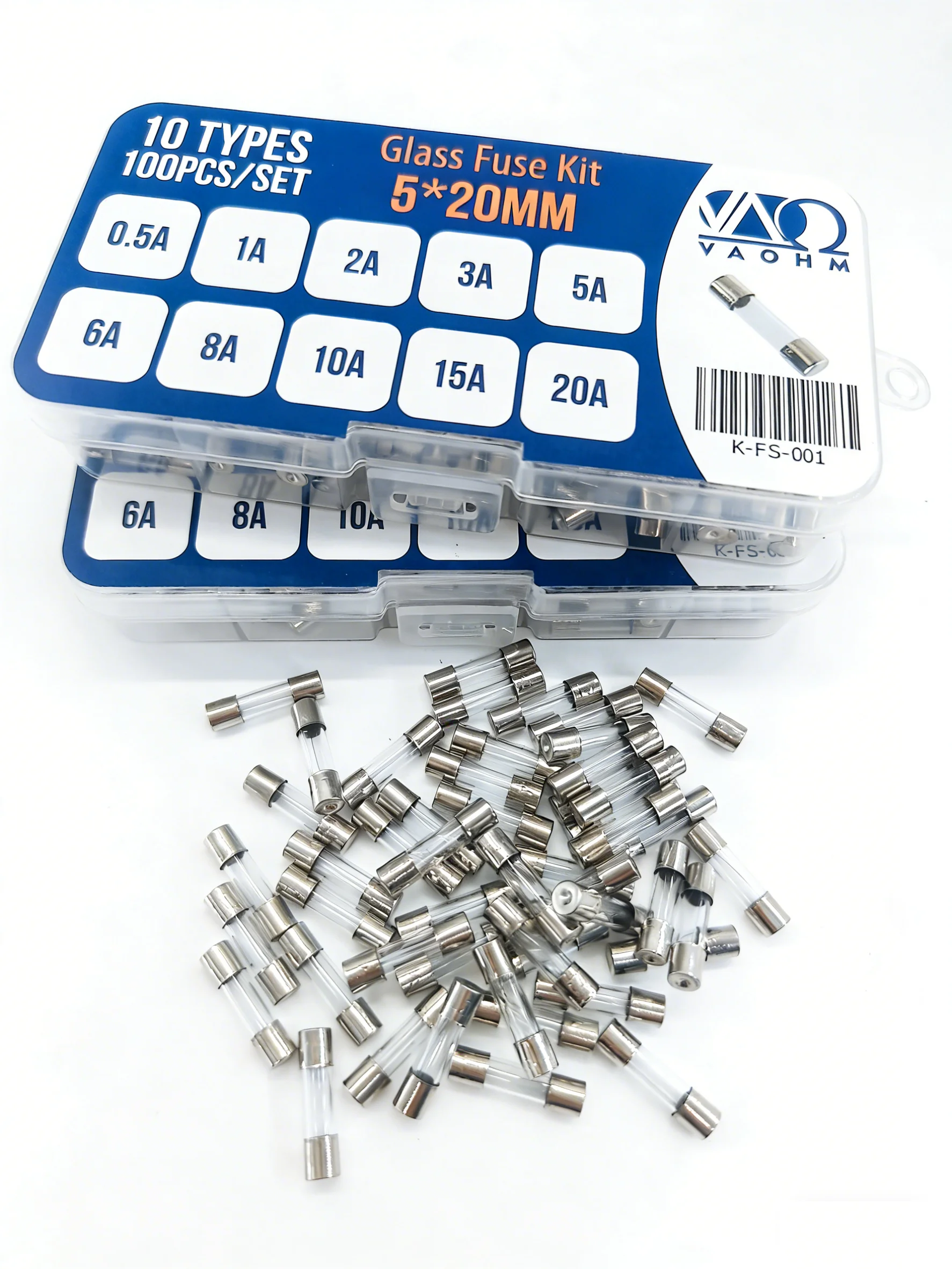 5*20mm Glass Fuse Set 10Types 100PCS 0.5A 1A 2A 3A 5A 6A 8A 10A 15A 20A