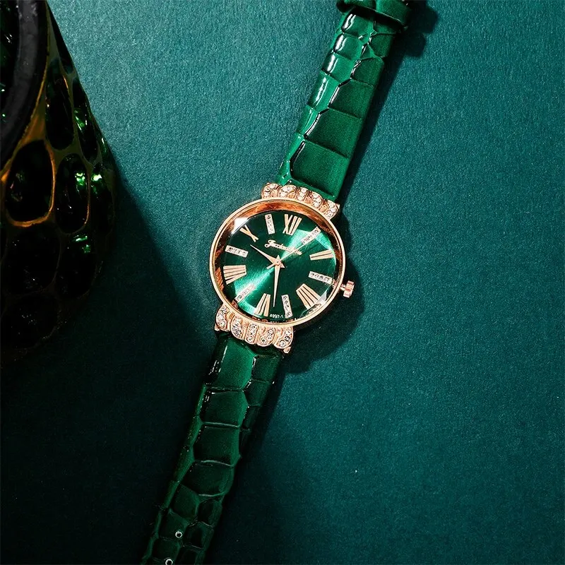 Luxury Watch Women Necklace Earrings Bracelet Set Watches Peach Heart Green Leather Strap Ladies Quartz WristWatch Montre Femme