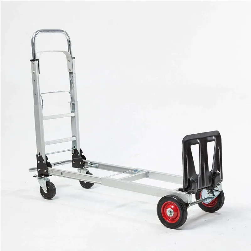 Portable Folding Hand Cart Telescopic Aluminum Alloy Platform Trolley Multifunctional Logistics Handling Cart For Home Warehouse