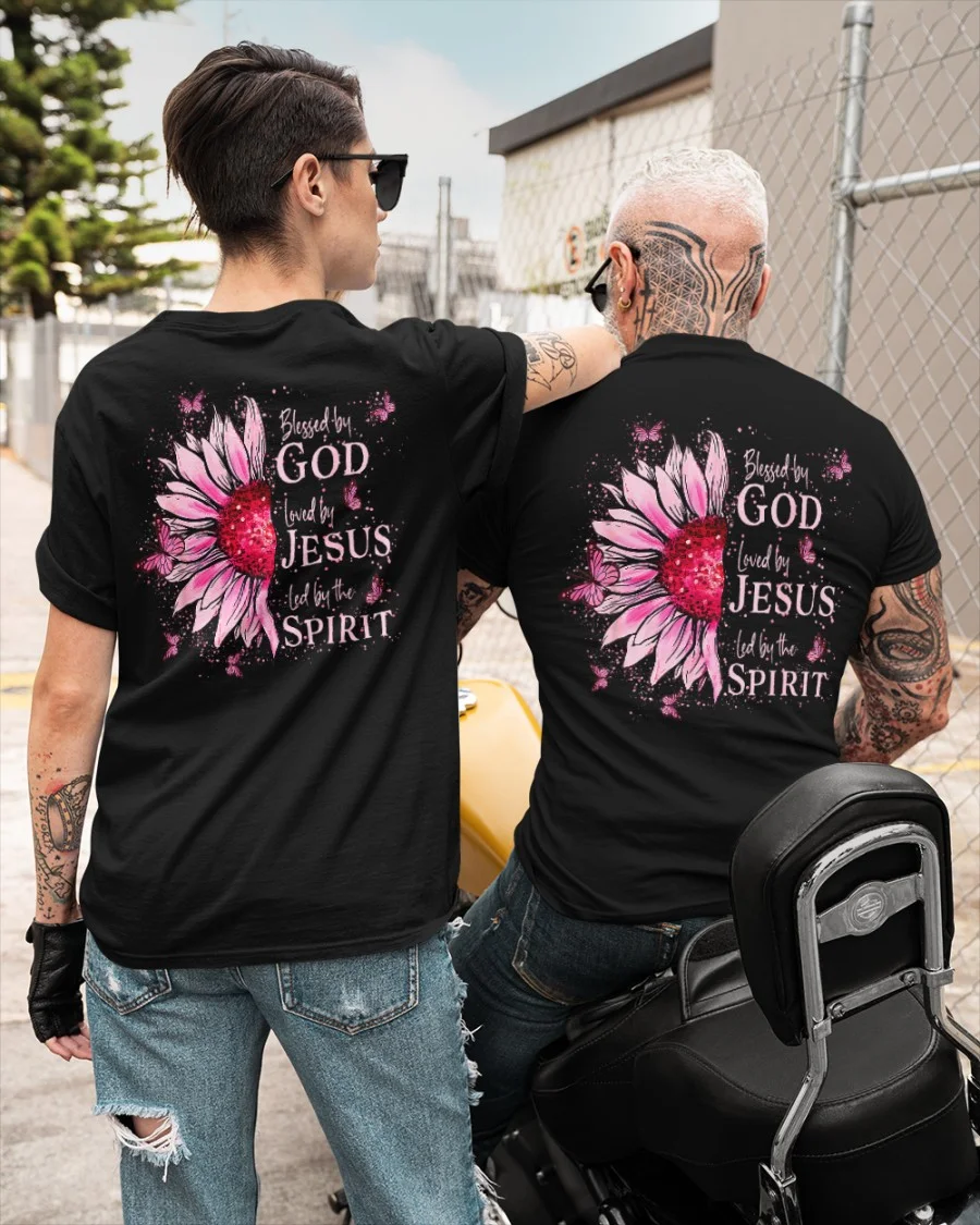 2026 New Blessed By God Loved By Jesus Led By Spirit T Shirt Christian Sunflower Graphic Short Sleeve Tee