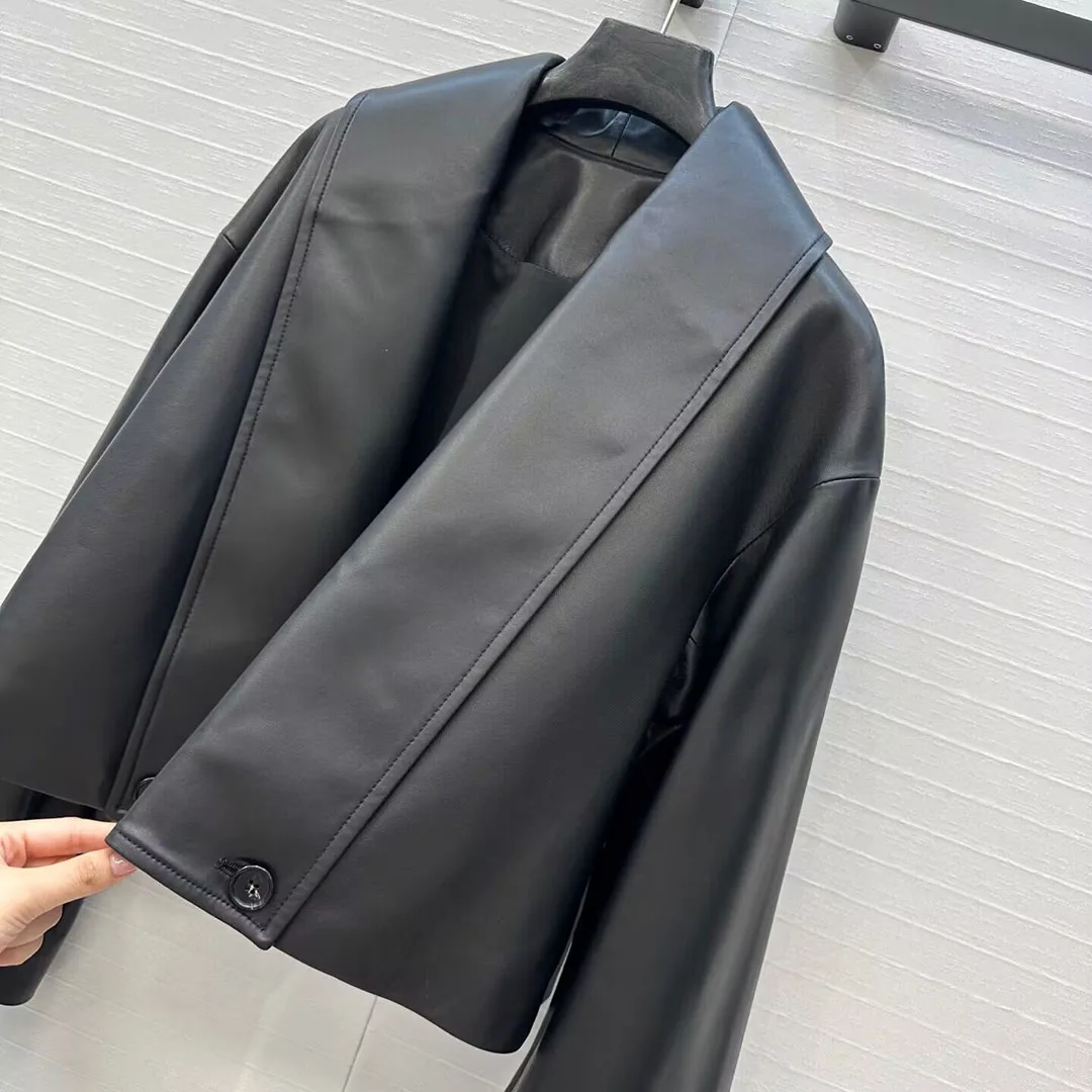 Luxury 100% Sheepskin Leather Black Short Design Coat Women Big Lapel Wide Long Sleeve Solid Chic Elegant Novelty Autumn Jacket