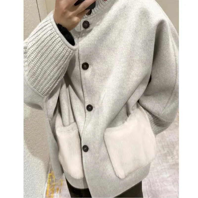 

Loose Knit Fur Women's Sweater Casual Standup Collar Long Sleeve Single-breasted Female Cardigan 2026 Spring Pocket Knitwear