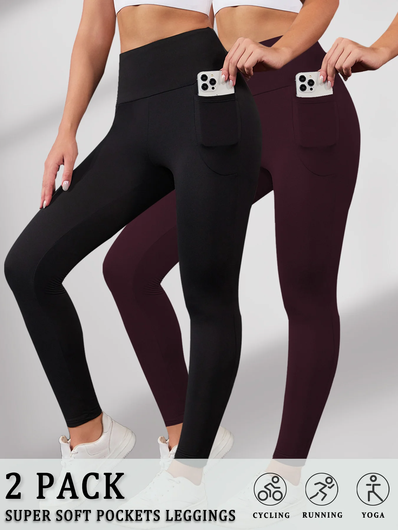 2枚組 超ソフト スポーツレギンス ポケット付き レディース ハイウエスト ワークアウト ヨガ ランニング タイトパンツ プッシュアップ ジム フィットネス