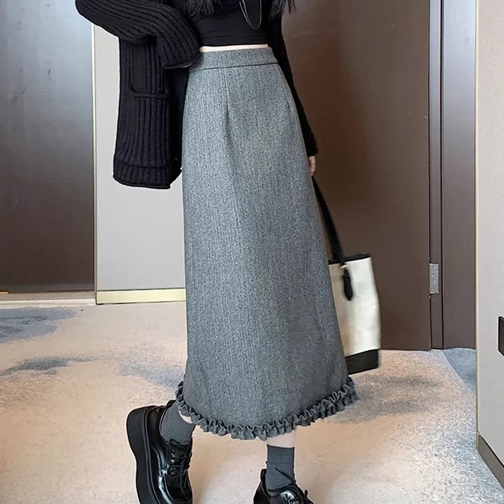 

Grey woolen bud women's winter velvet thickened hip-wrapped straight skirt high waist split A-word one-step skirt