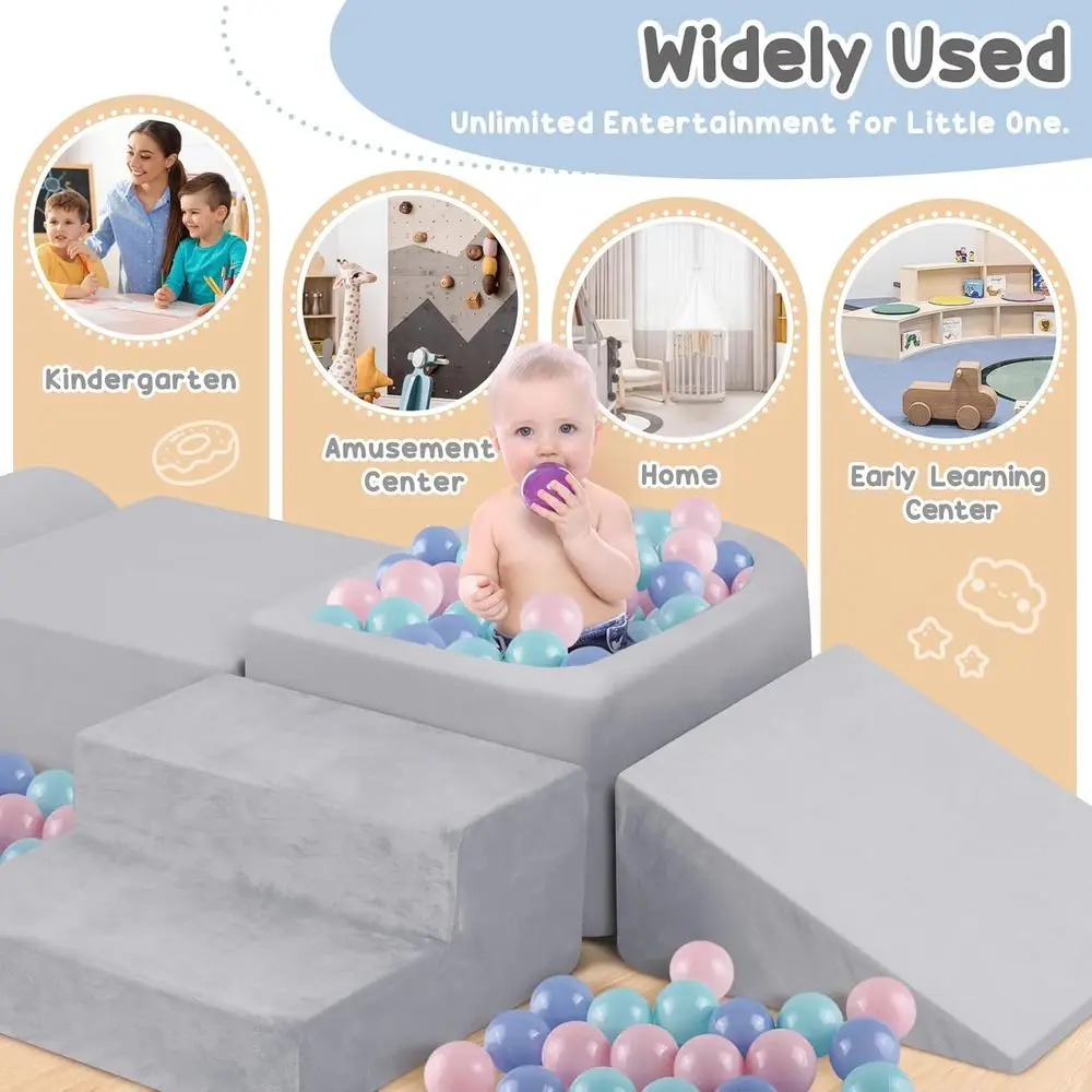 Indoor Toddler Climbing Blocks with Ball Pit, Soft Play Set for Kids (Grey, Balls Not Included)
