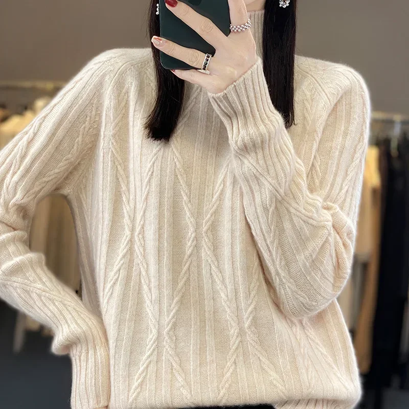 

Half High Collar Pure Wool Slimming Base Shirt Versatile Comfortable Fit Autumn New Loose Women's Cashmere Knitted Sweater