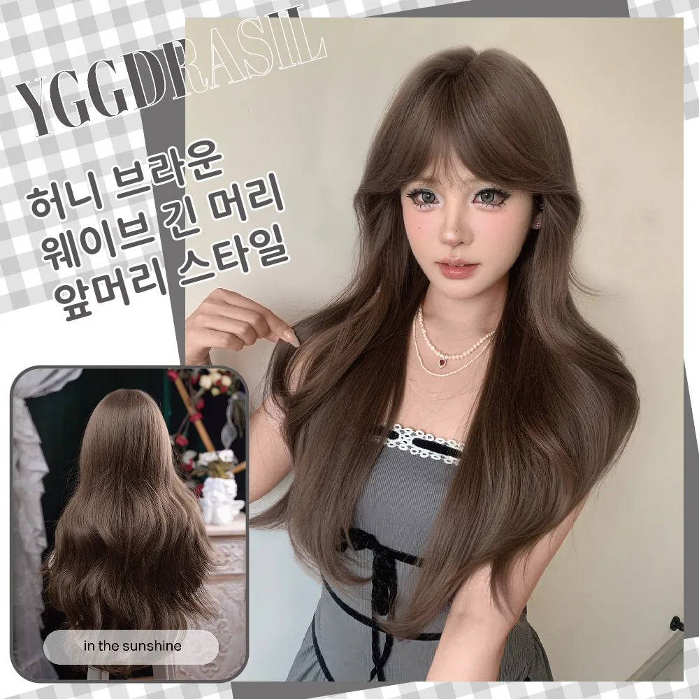 

28-дюймовый теплый медовый парик в женственном стиле с челкой, длинные натуральные волнистые волосы, термостойкий, для повседневного использования и косплея