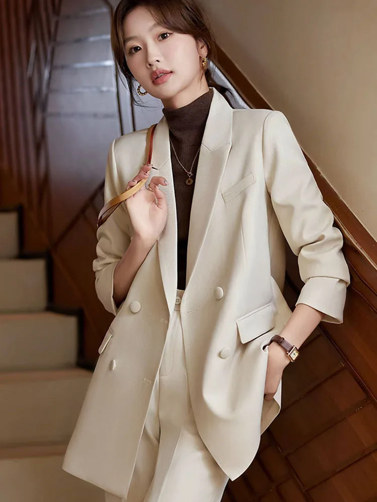 Fashion Ladies Pant Suit Women Pink Apricot Black Female Casual Jacket Blazer and Trouser 2 Piece Set