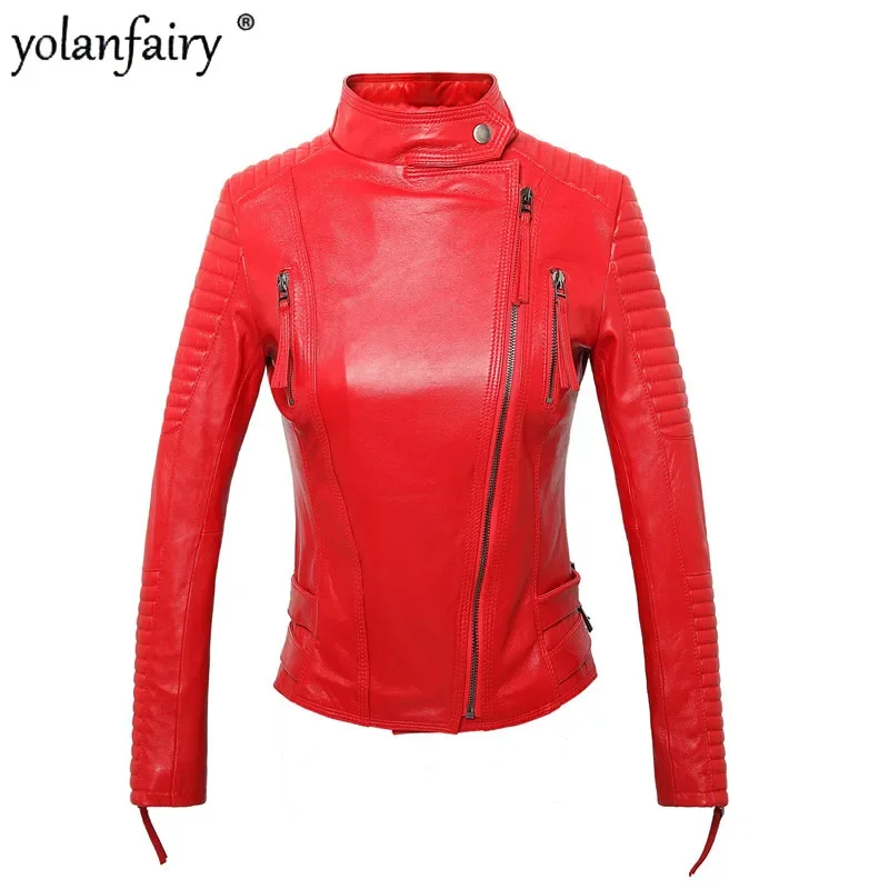 

YOLANFAIRY Women Geniune Leather Jacket Sheepskin Leather Short Slim Motocycle Jackets Spring Autumn Jaqueta De Couro 1229 MF151