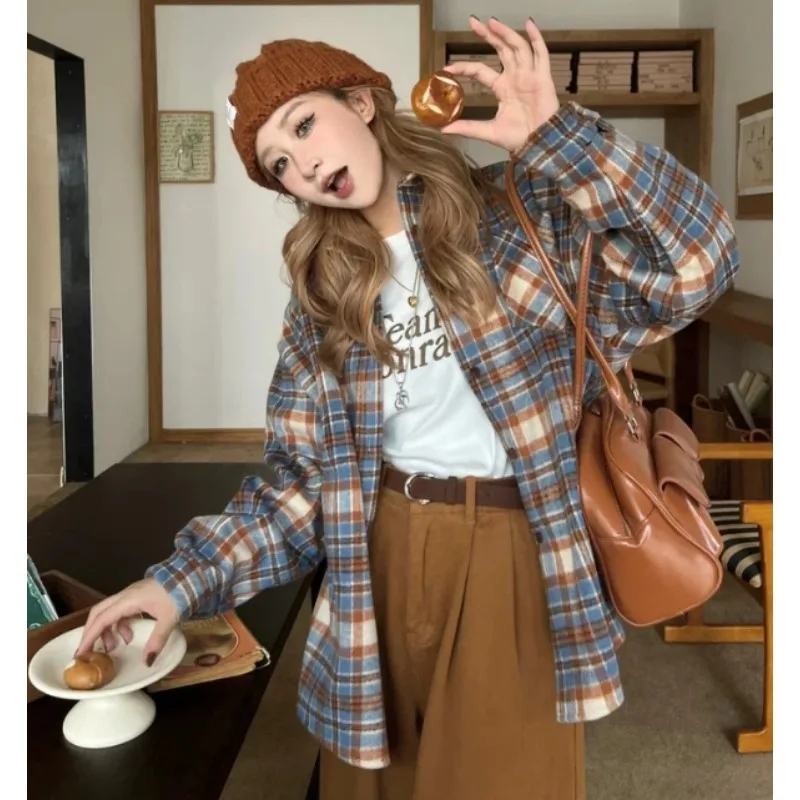 Vintage Chic Plaid Women Shirts Long Sleeve Blouse With Pockets Casual Checkered Female Spring Autumn Streetwear Outerwear Tops