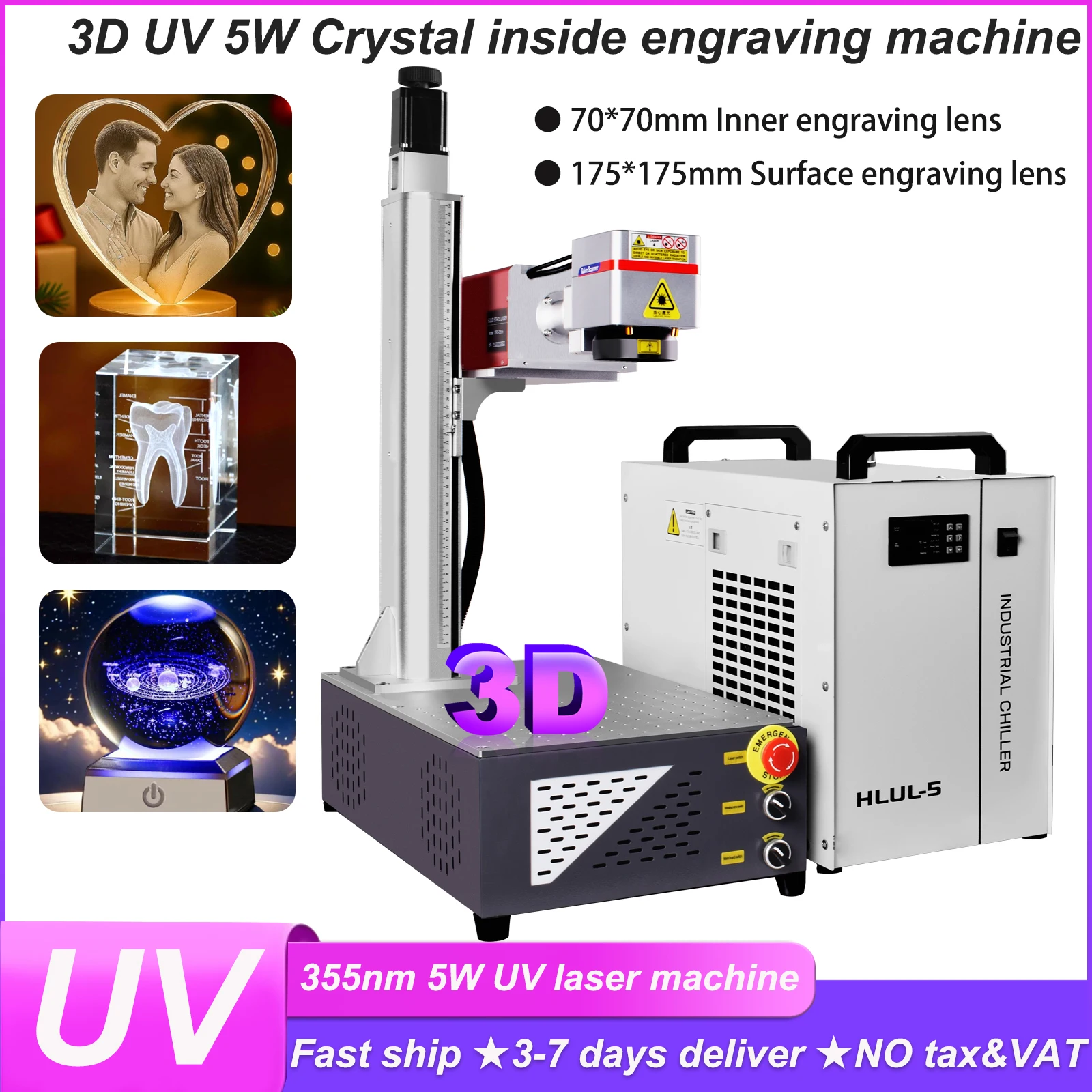Machine de marquage laser UV 3D 5W/10W 2026 pour gravure intérieure 3D sur verre cristal, lentilles 70x70mm+175x175mm, axe Z électrique