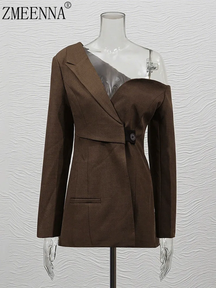 

ZMEENNA Womens Brown Off Shoulder Blazer Jacket Asymmetric Lapel Single Button Long Sleeve Slim Fit Office Outwear ZM4563