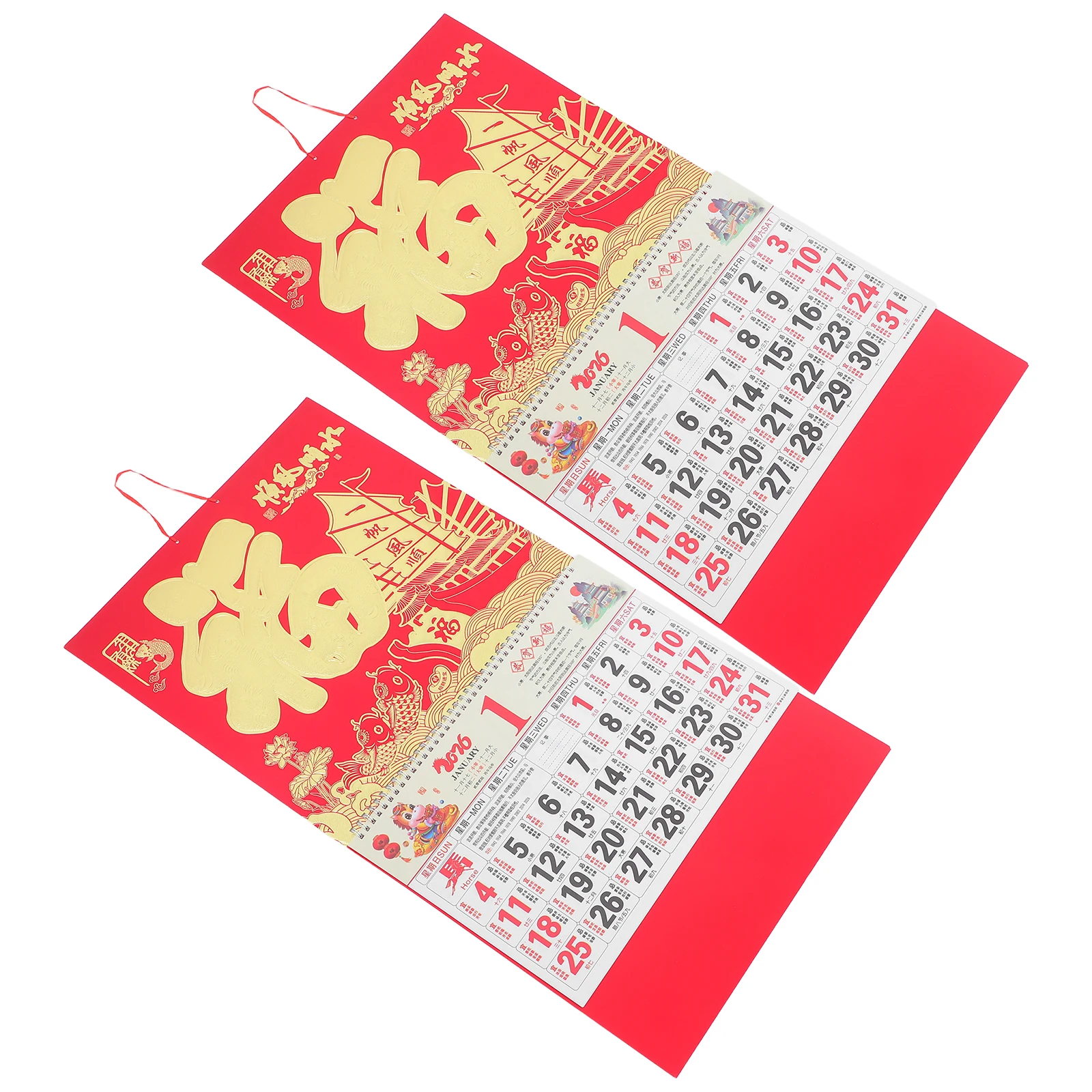 

2 Pcs 2026 Wall Calendar Year of Horse New Hanging Daily Lunar Chinese Zodiac Schedule Calendars Household Traditional