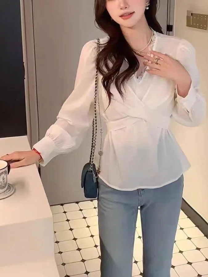 

Женский топ с V-образным вырезом, кружевными вставками и узлами, приталенный крой, модный дизайн, весенняя новинка, корейский стиль, теплый, с длинными рукавами, для повседневной носки