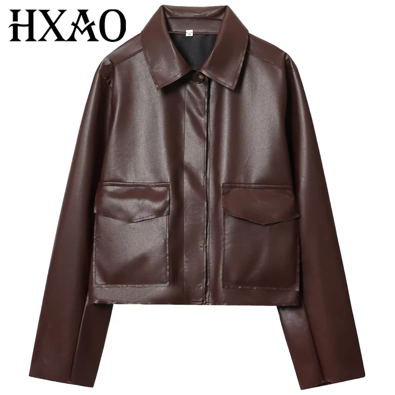 

HXAO Crop Pu Leahter Jackets Women's Demi-Season Jacket New In Coats & Jackets Fashion Brown Long Sleeve Tops Elegant Outerwears