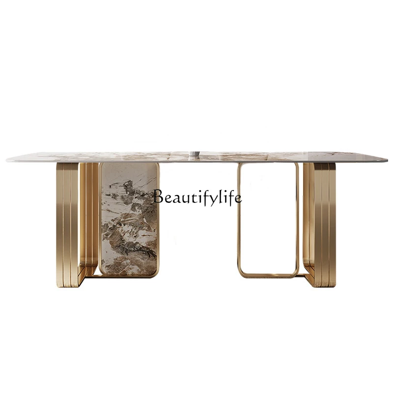 

Italian Glossy Stone Plate Dining Table Modern Simple Rectangular Negotiation Household Type Dining Table