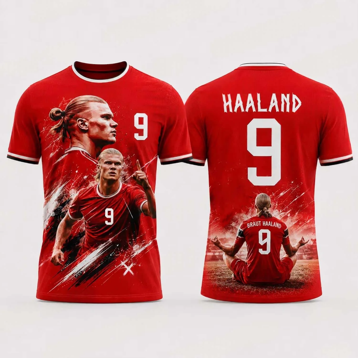 Unisex Norway Soccer Jersey Red Crew Neck Splash Dual Figure Print No.9 Cross Decor 2026 Crest Fan Football Shirt