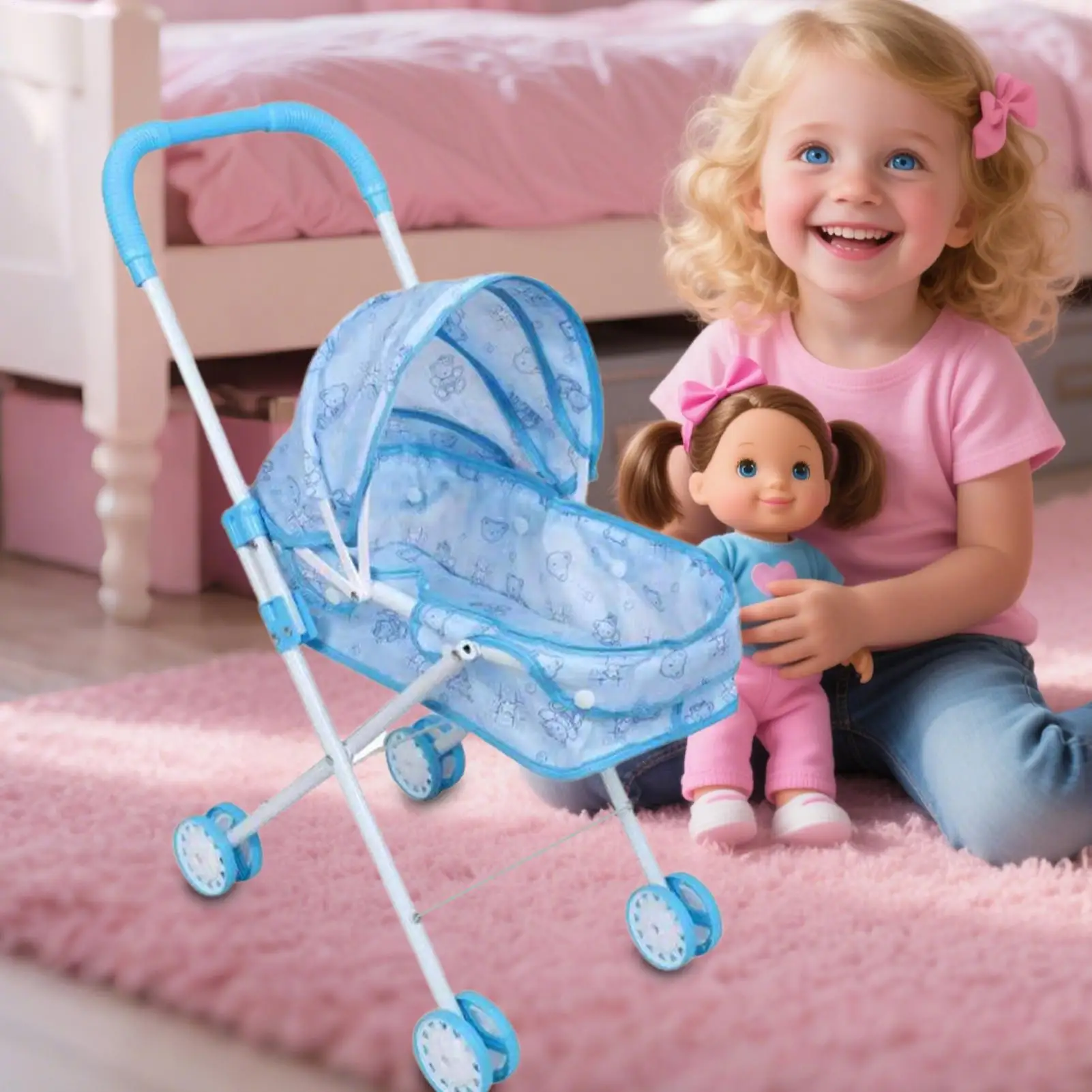 Коляска для куклы, коляска для ролевых игр с навесом, реалистичная складная коляска для детей, для мальчиков и девочек, для дома, путешествий, вечеринки, дня рождения