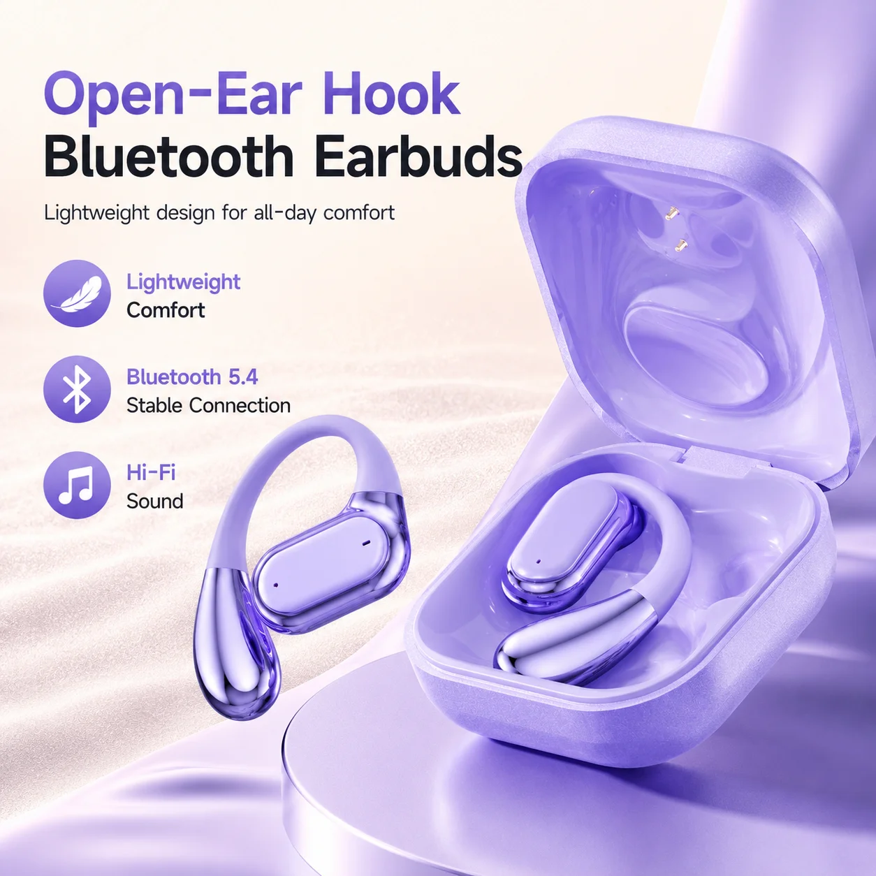 Fones de Ouvido Bluetooth 5.49 com Gancho Aberto, Som HiFi, 60 Horas de Reprodução, 8 Horas de Uso Único, Estojo de Carregamento Tipo-C