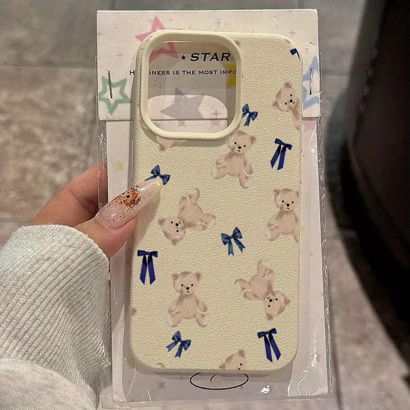 

Cute Bear Bowknot Lychee Texture Phone Case for Samsung Galaxy S25 S24 S23 S22 S21 Ultra Plus FE A06 A16 A36 A56 A15 A55 Cover