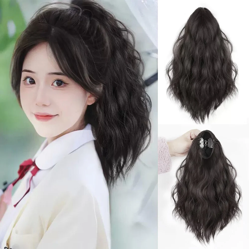 ALXNAN HAIR Synthetic Claw Clip Ponytail Extensions Wavy Hair Natural Curly Hair Tail Ponny Tail For Women