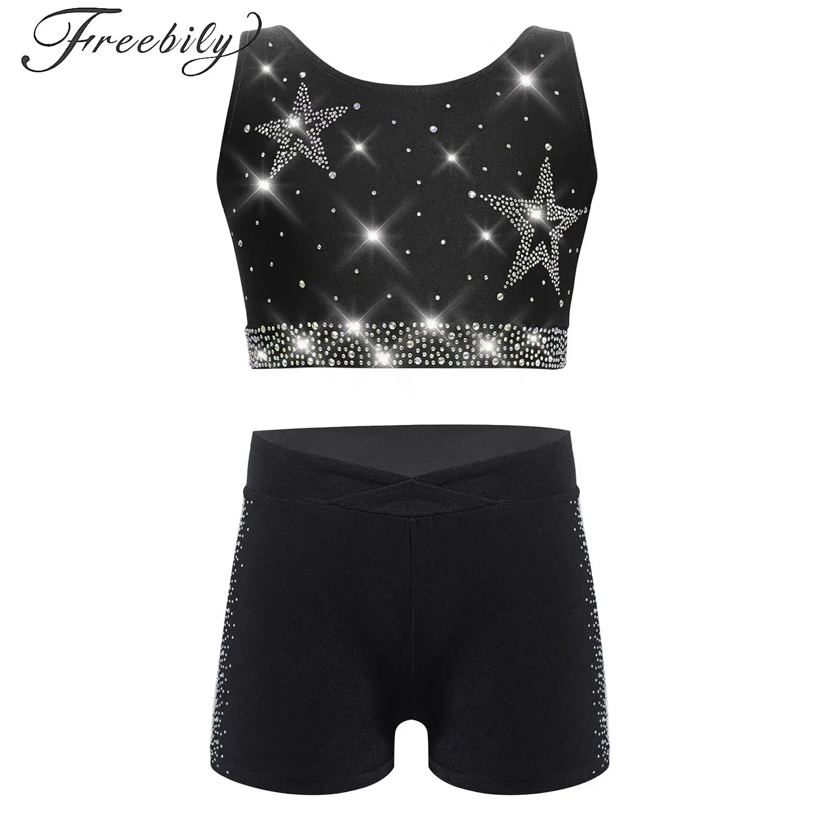 

Dance Practice Costume Set for Girls Rhinestones Ballet Dance Crop Top with Booty Shorts Figure Skating Gymnastics Activewear