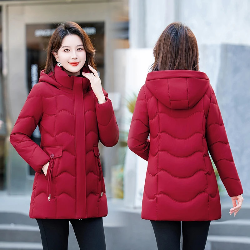 

Women's Mid-Length Slim Fit down Cotton Jacket Thickened Removable Hat Korean Style Long Sleeve Polyester Fabric Coat