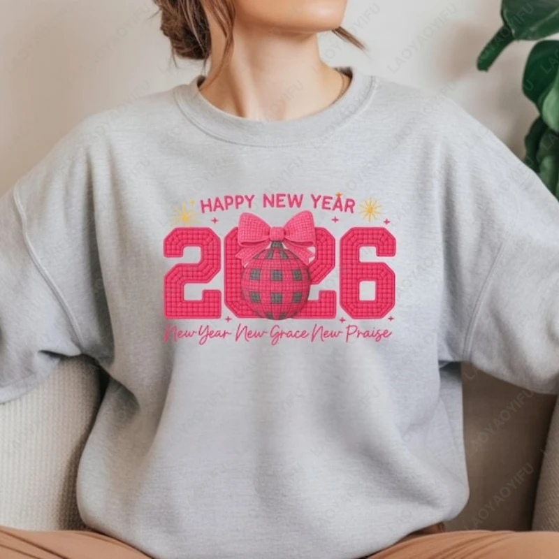 

С Новым годом 2026 Толстовка Фестиваль Новогодний наряд для вечеринки Диско-шар Милый бант Праздничный подарок Пуловер Ретро Женская толстовка
