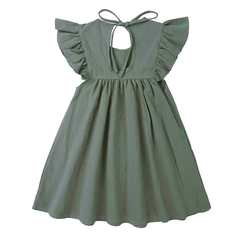 0-6Y Toddler Kids Baby Girl Dress Ruffles Sleeve Princess Dress Solid Cotton Linen Casual Dress for Party Flower Girl Clothes