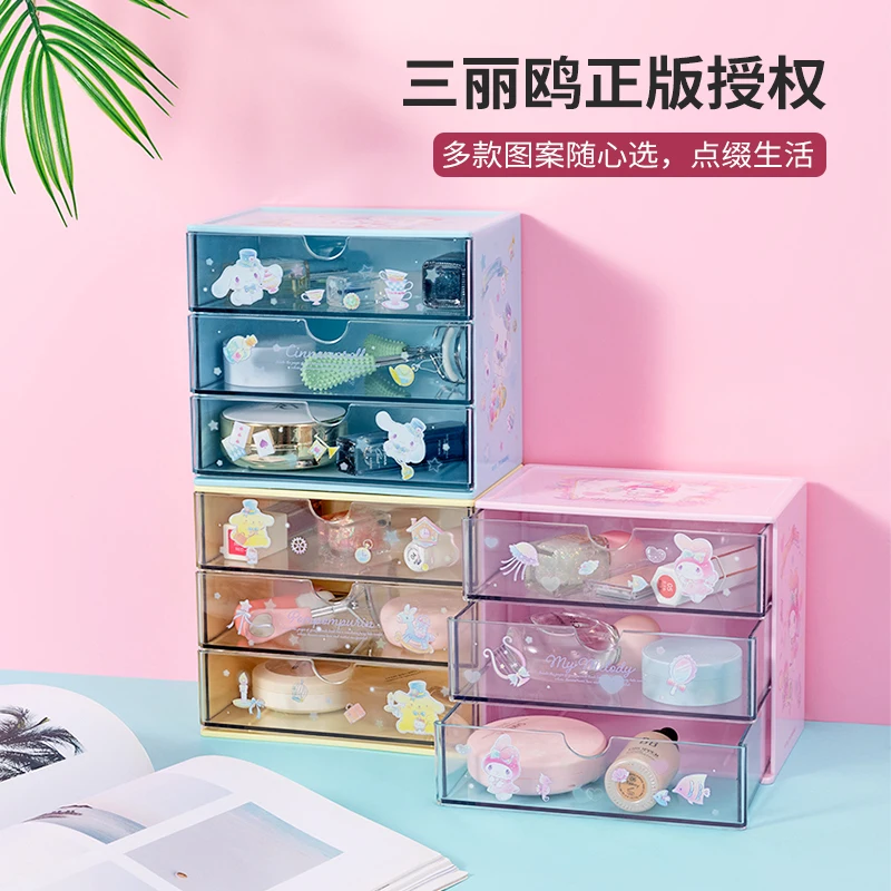 Melody Cinnamoroll Purin Anime Desk Storage Box Kawaii Multilayer Drawer Jewelry Makeup Container Large Capacity Organizer Gifts