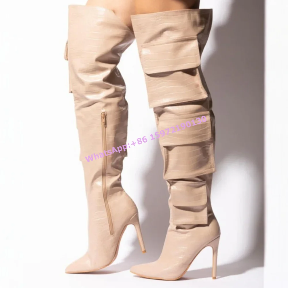 

Crocodile Pattern Thigh High Boots Slip On Pocket Leather Pointy Toe Thin Heels Pleated Fashion Women's Concise Winter Shoes