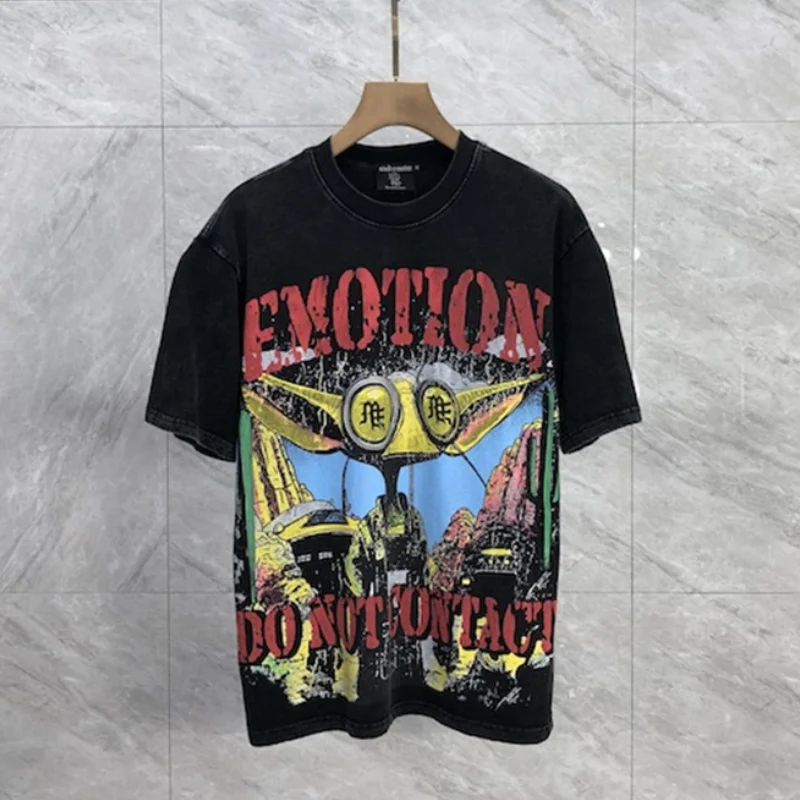 

Alien Skull Crack Print Mixed Emotion T Shirt Black Washed Distressed Short-sleeved T-shirt Men Women ME Sweatshirts