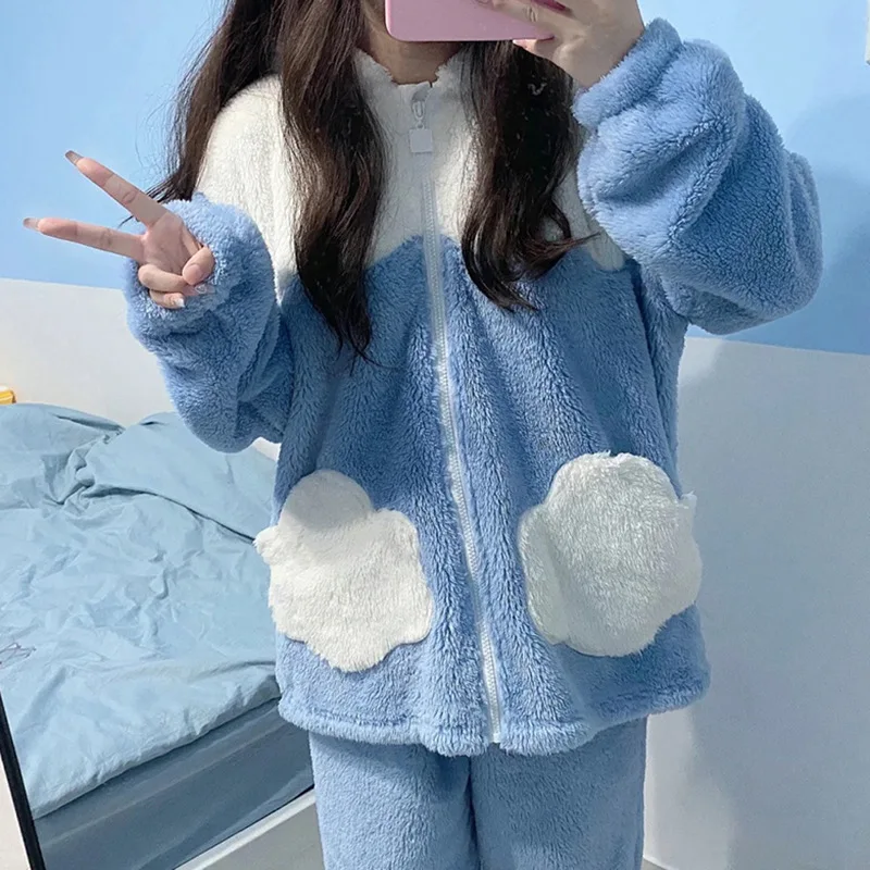 Sanrio Cinnamoroll Hooded 2 Pcs Pyjama Sets For Women Zipper Warm Cotton Plush Thickened Winter Long Pajamas Girl Homewear