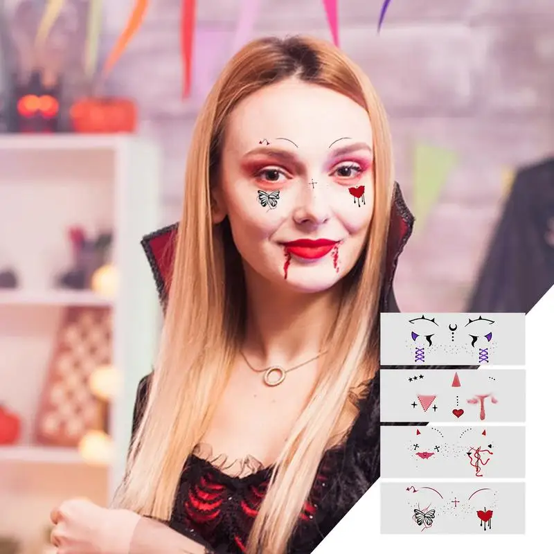 Halloween Temporary Sticker Temporary Facial Makeup 4x Halloween Waterproof Face Stickers Ghost Fake Blood Stains Face