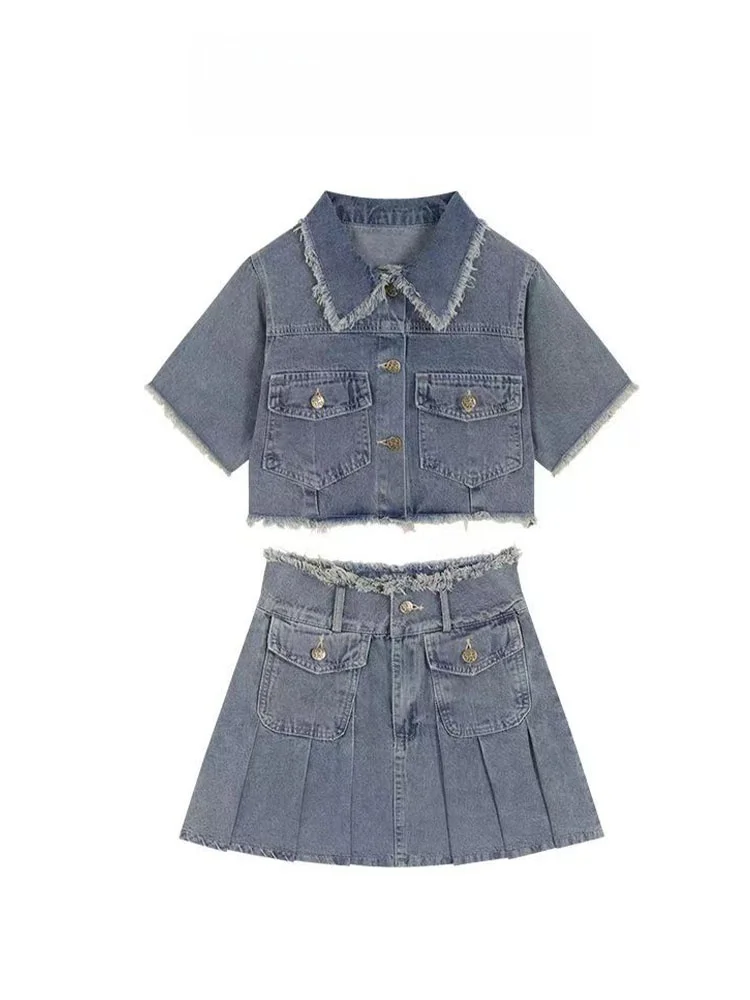 

Blue Frayed Hem Denim ort Skirt Set Women's Summer Coat Top And Skirt Two Piece Set Trendy Cotton Fabric 8-25 Years Old