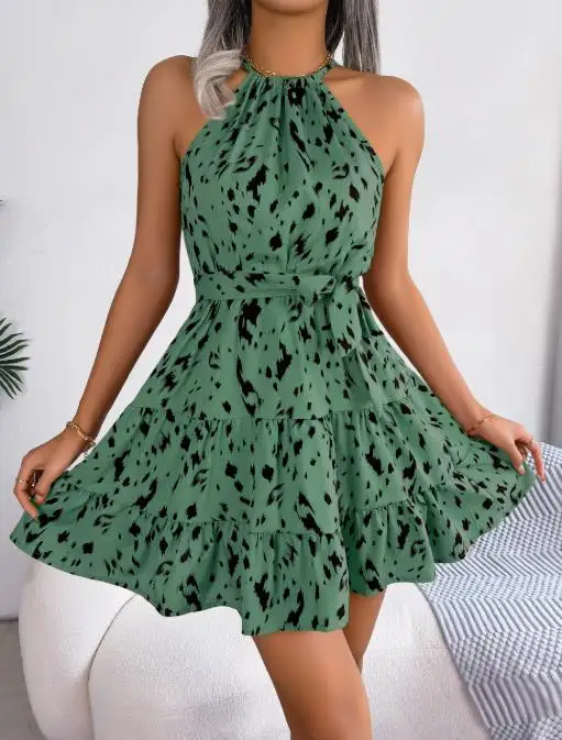 

Summer 2025 Casual Leopard Print Pleated Hem Hanging Collar Short Skirt for Women, Elegant Round Neck Sleeveless Lace Up Dress