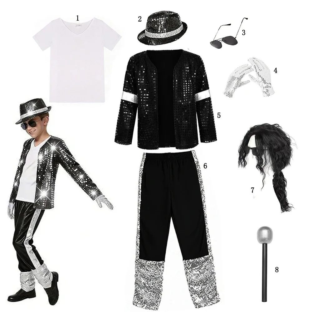 Retro-Popstar-Auftrittsanzug für Jungen, schwarz-silberne Paillettenkleidung, Komplettset, Kinder-Halloween-Maskerade-Hip-Hop-Partykostüm – Detail 6