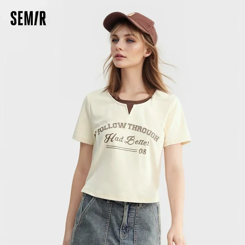 Semir Short Sleeve T-Shirt Women Short Letters American Retro 2024 Summer New Fake Two Pieces Slim Open Tops T shirt