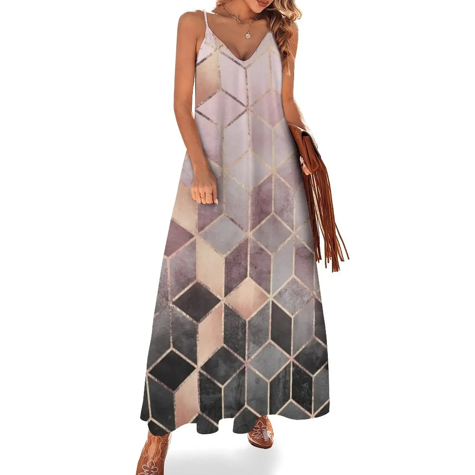 

Pink And Grey Gradient Cubes Sleeveless Dress Women's dresses ceremony dresses Long veiled dresses