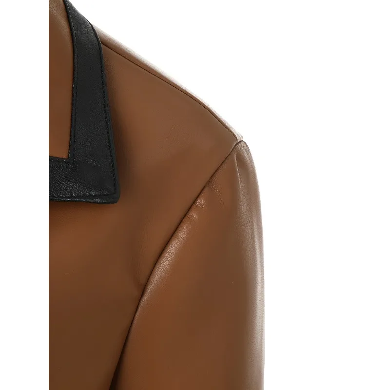 Women's Cross-border Mid-length PU Leather Jacket From Europe America Black Brown Contrasting Color Jacket with A Belt and Lapel